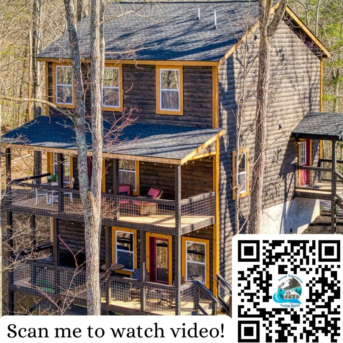 The image showcases a newly constructed, multi-level wooden cabin nestled among mature trees, set on over two private acres. The cabin features expansive balconies and porches, inviting guests to unwind outdoors. The scene exudes a cozy, secluded atmosphere, perfect for family gatherings or peaceful retreats, with ample space to relax and enjoy the surrounding Smoky Mountain beauty.